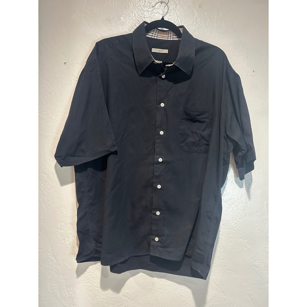 Burberry London Mens XL‎ Short Sleeve Button Down Shirt Black Nova Check Trim